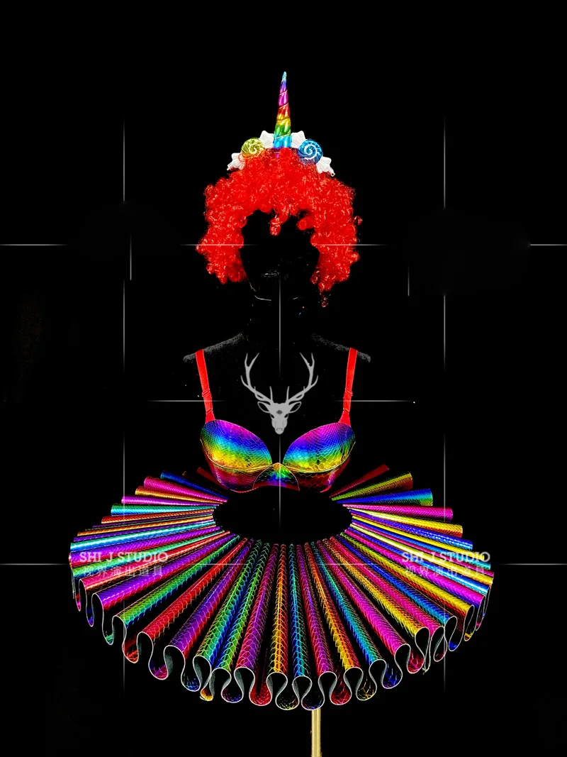 Bar business performance Christmas New Year's Eve leather gogo show outfit Women party Rainbow laser costume stage dance wear