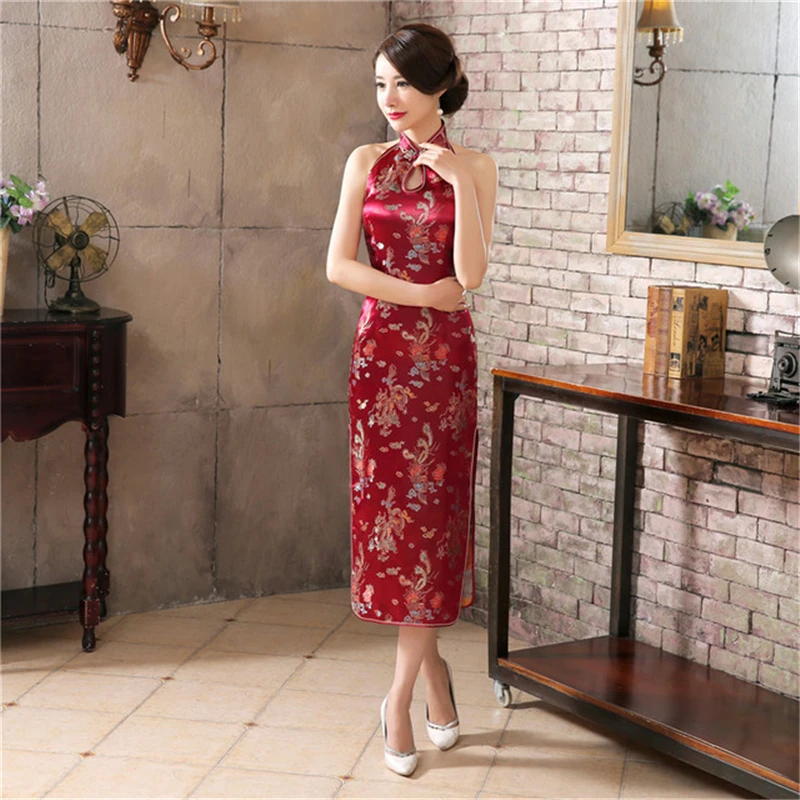 

Backless sexy dress sleeveless cheongsam ladies long satin split Qipao dress performance T stage show retro dragon phoenix dress