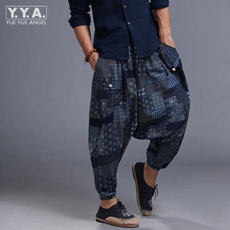 

Sale Hot Mens Samurai Boho Casual Loose Harem Baggy Hakama Linen Japanese Pants Floral Printed Elastic Waist Cross-pants For Men