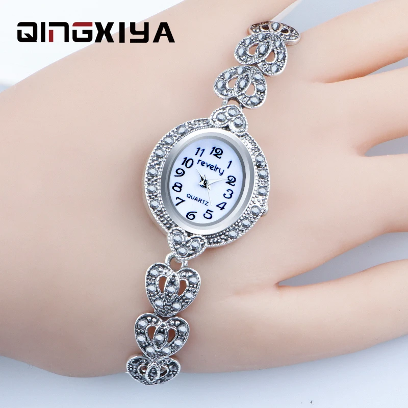 QINGXIYA Brand Luxury Women Gray Crystal Bracelet Watches Fashion Women Dress Wristwatch Ladies Antique Silver Quartz Watch