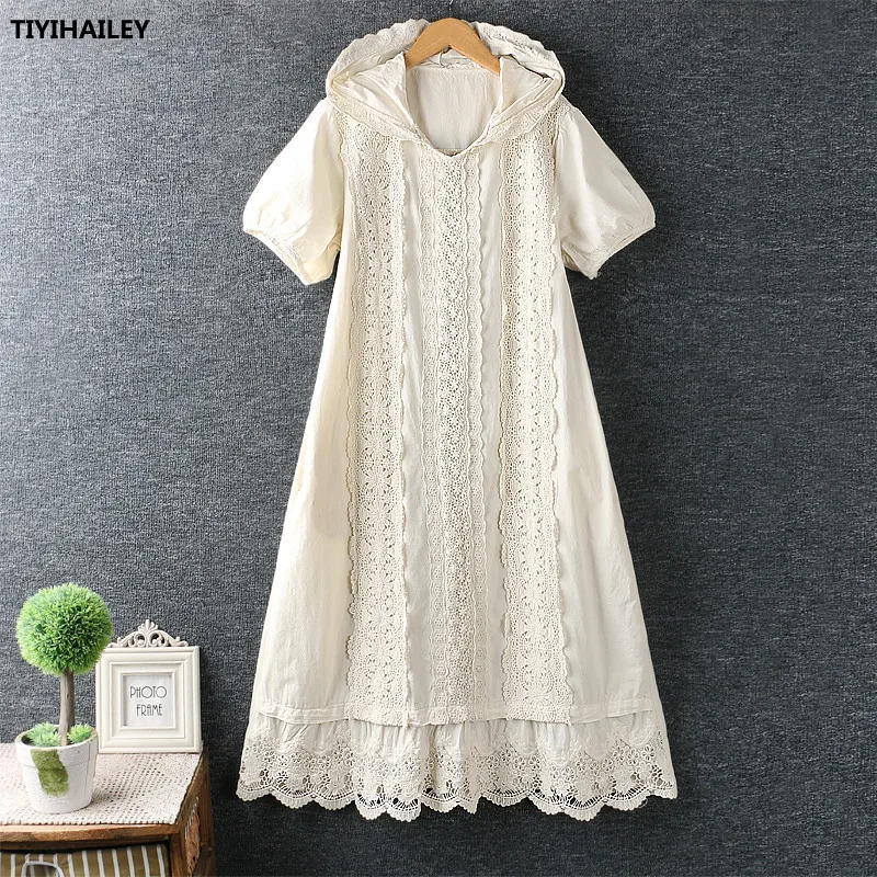 

TIYIHAILEY Free Shipping Fashion New Cotton Embroidery Long Mid-calf White Dresses Short Sleeve A-Line Loose Hooded Crochet