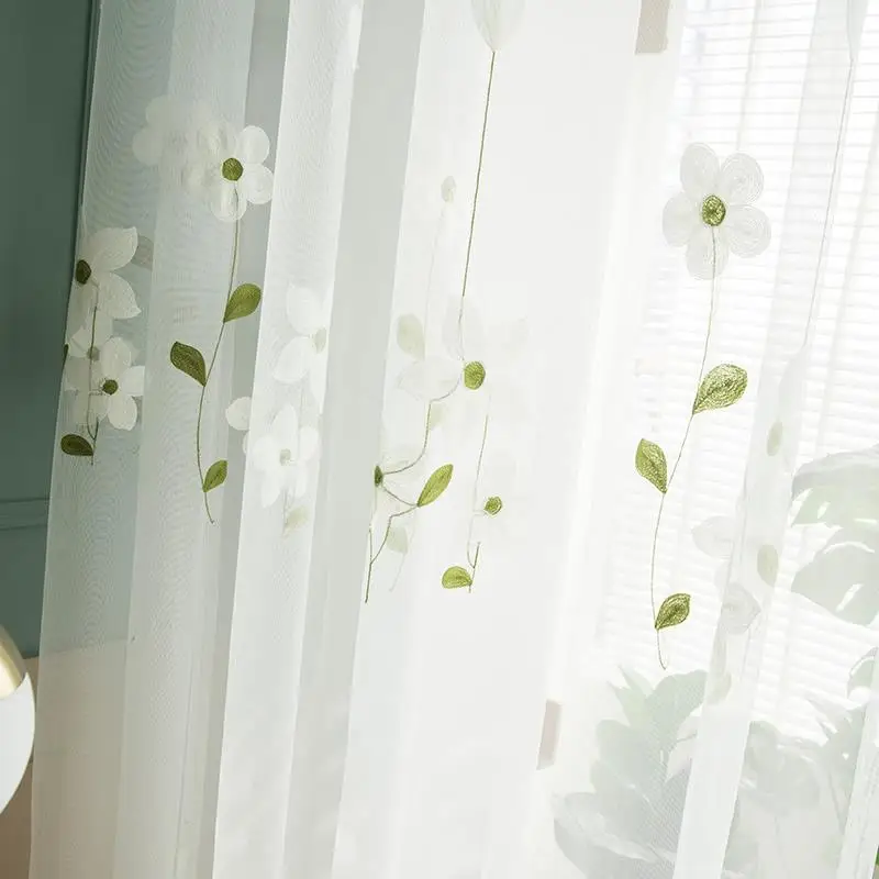 -cortinas de gasa con hojas verdes, cortinas de tul transparente con bordado Floral para niños, dormitorio, sala de estar, ventana, cortinas de tela