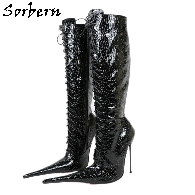 

Sorbern 14 16Cm Cigarette Heel Knee High Women Boots Pointy Toes Stilettos Lace Up Itay Style Plus Size Boot Custom Wide Fit