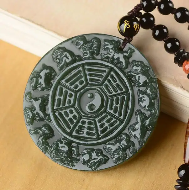 Natural  hetian green jade pendant Tai Chi Zodiac hand carved pendants necklace brand men women real jade jewelry jadeite