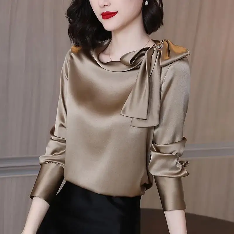 Vintage Satin Bow Elegant Blouse 2024 Spring Autumn Office Lady Solid Commute Loose Pullovers Long Sleeve Shirt Women\'s Clothing