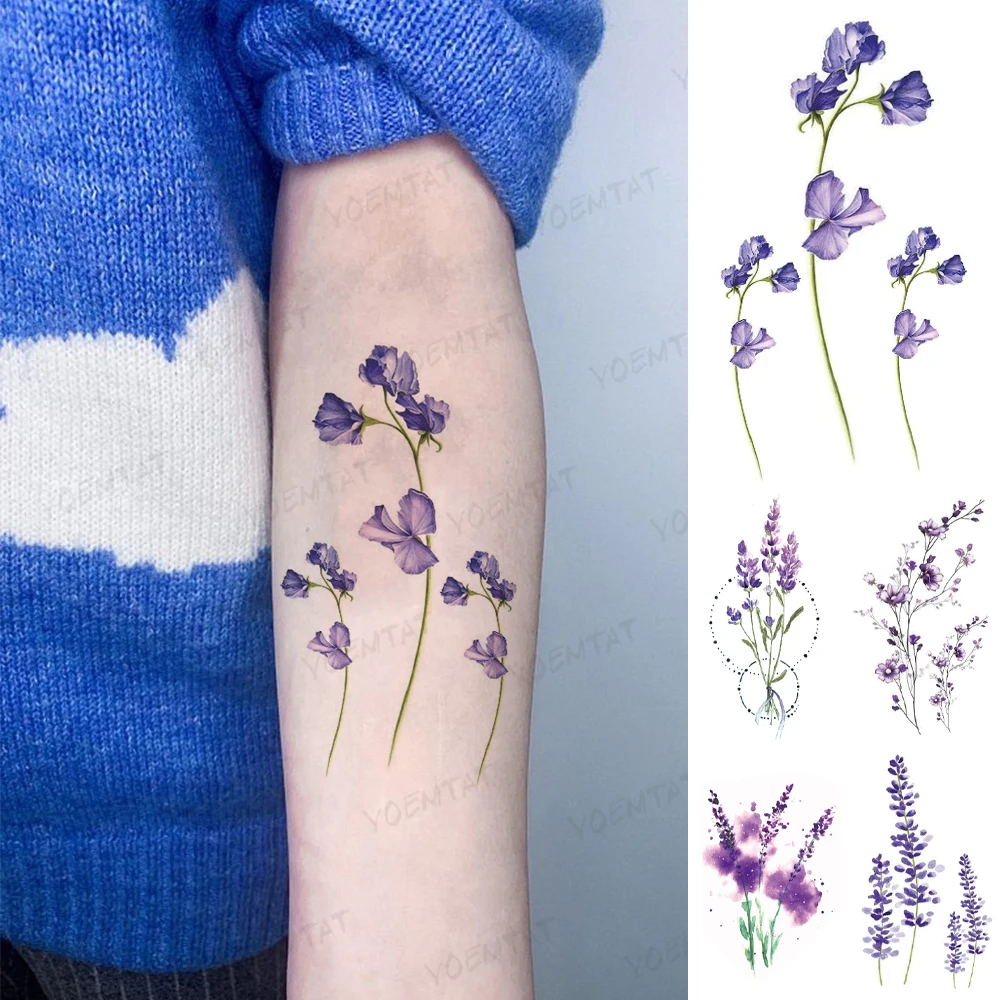 

Waterproof Temporary Tattoo Sticker Blue Wind Chime Lavender Daisy Watercolor Flash Tatoo Woman Arm Line Body Art Fake Tatto Man