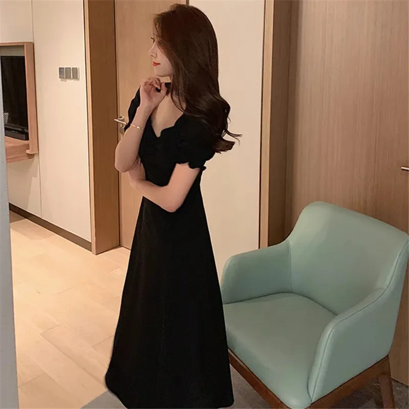 Summer Square Neck Puff Sleeve Side Slit Mid-length Skirt Female Temperament Hepburn Style Little Black Dress