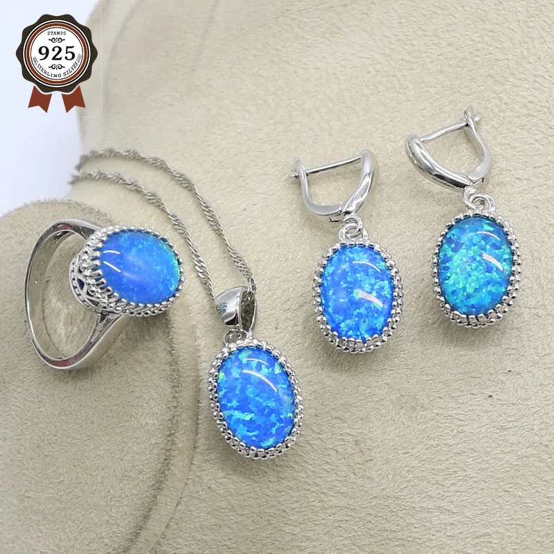 Jewelry sets For Women Luxury 925 Sterling Silver Blue Opal White Topaz Ring Earrings Pendant Set Fashion Jewelry