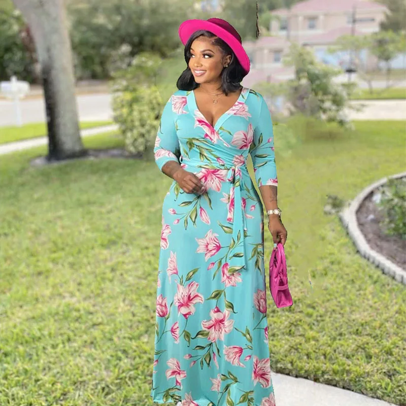 5xl Plus Size Dresses Women Clothing Elegant Fall Maxi Floral Dress with Sashes Ladies Long Sleeve Dress Dropshipping Wholesale