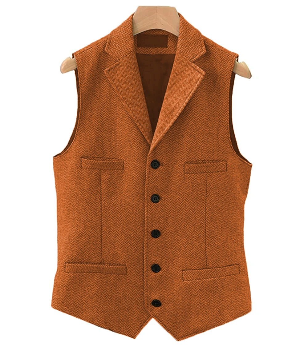 ผู้ชายธุรกิจชุดสูท Lapel V คอ Wool Herringbone สุภาพบุรุษสุภาพบุรุษสีเทา Waistcoat Casual Jaket Formal เจ้าบ่าวสำหรับงานแต่งงาน