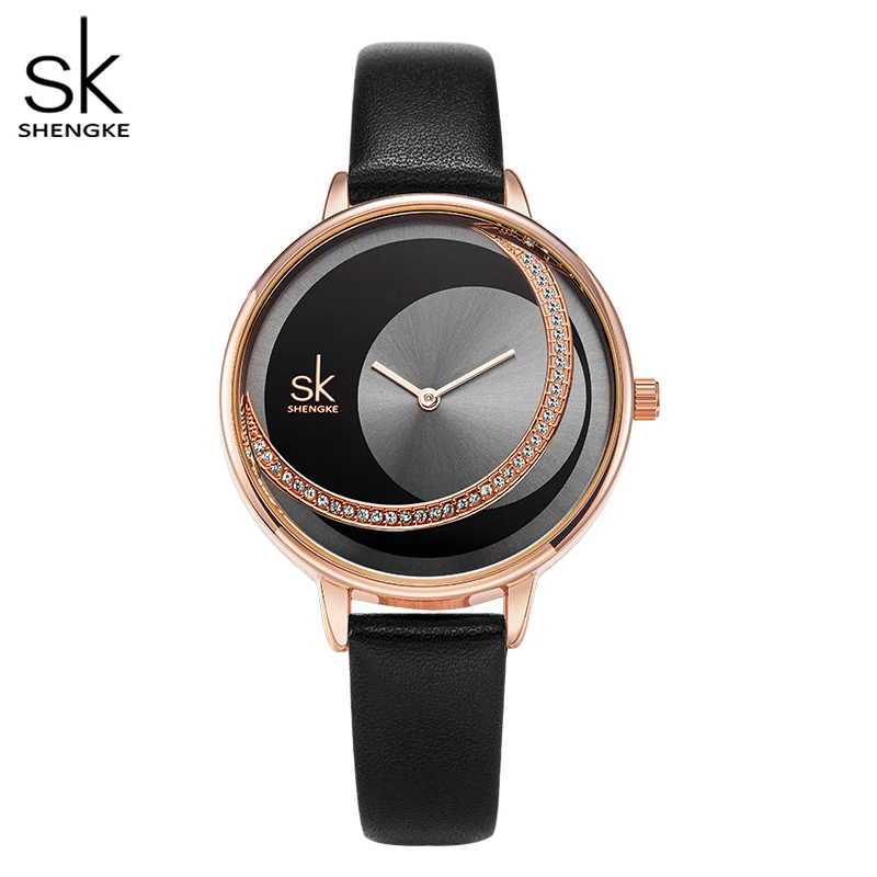 Shengke Creative Watch For Women Black Leather Dress Women\'s Watch Original Brand Quartz Wrist Watches Creative Reloj Mujer