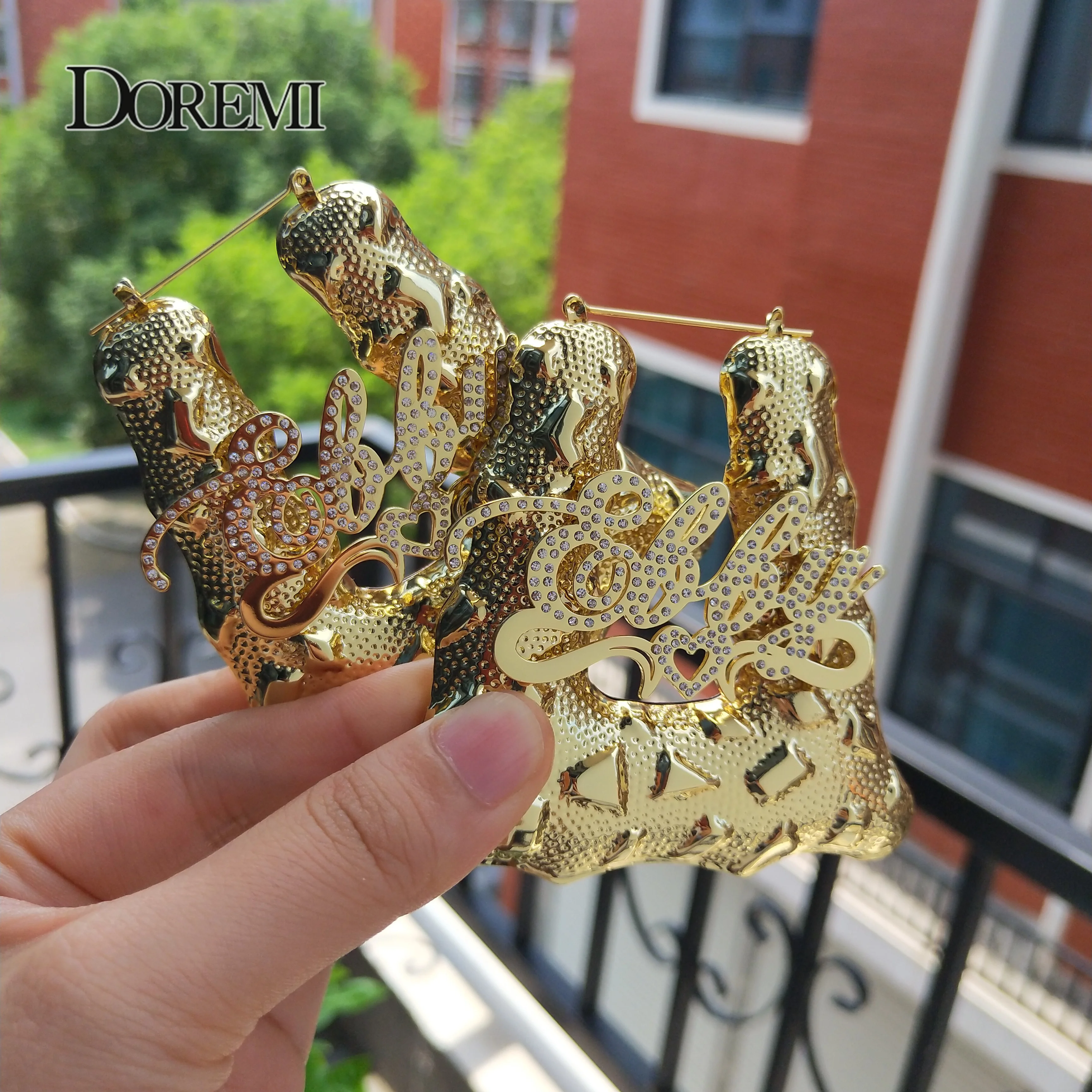 DOREMI Bling Name Bamboo Earrings Custom Triangle Hoop Bamboo Names Earrings Letter Big Personalised Name Earrings Women Gift