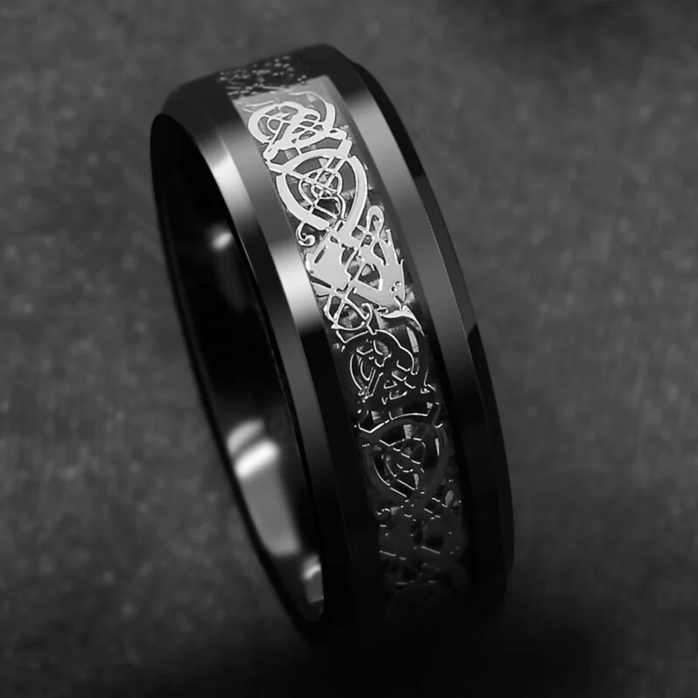 

8mm Black Fashion Men Rings Dragon Pattern Stainless Steel Rings For Men Wedding Engagement Jewelry Christmas Gift