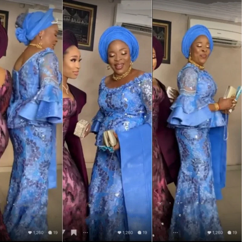 Aso Ebi Blue Mermaid Evening Dresses Scoop 3/4 Long  Sleeves Peplum Plus Size Prom Dress African Women Gowns  فساتين السهرة