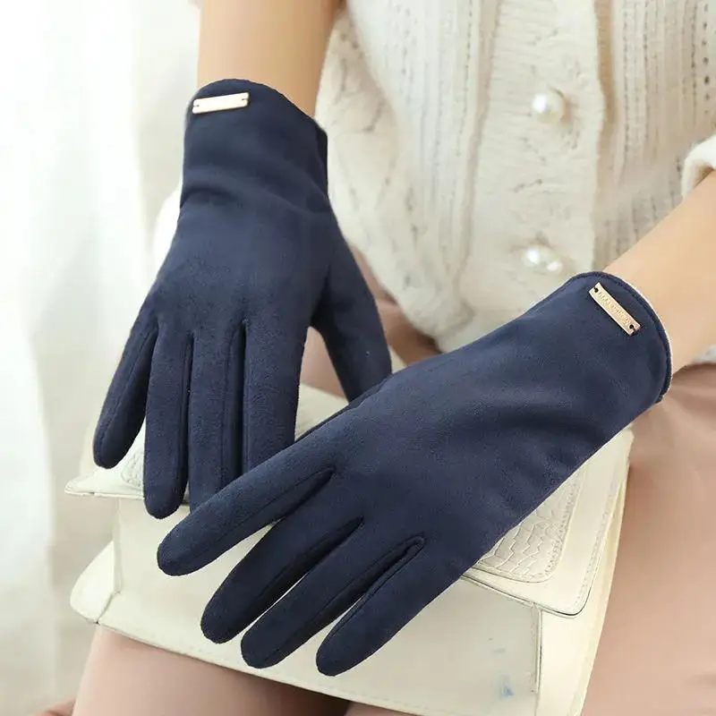 

Woman's Winter Warm Suede Leather Touch Screen Driving Gloves Man's Cold Plus Velvet Thick Fingerless Flip Cycling Mittens R57