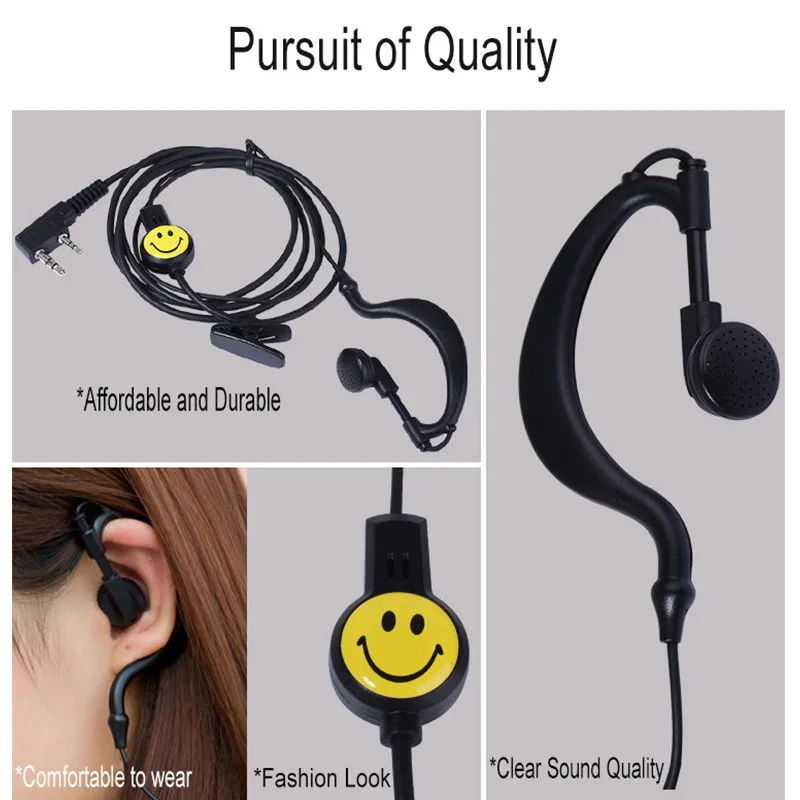 2PCS WURUI High Quality 2-Pin Smiley Ear Hook Earpiece Headset with Mic PTT for Baofeng Two Way Radio Walkie Talkie 888S UV5R