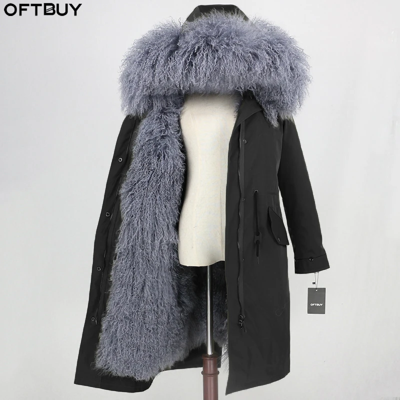 OFTBUY X-long Waterproof Parka Natural Mongolia Sheep Fur Real Fur Coat Winter Jacket Women Warm Detachable Streetwear Outerwear