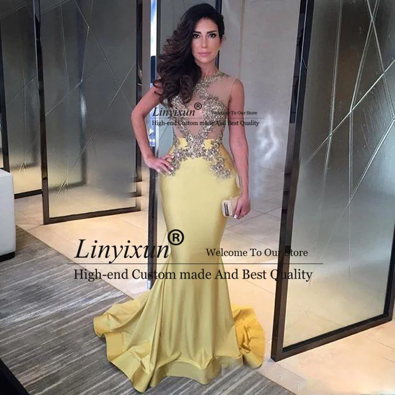 Graceful Yellow Mermaid Prom Dresses Long Appliqued Formal Evening Party Dresses Sleeveless Ballkleider P[rom Gowns Custom Made