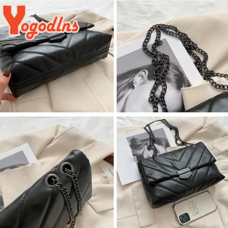 Yogodlns Luxury Thread PU Leather Crossbody Bags Women Fashion Chain Messenger Shoulder Bags Female Large Capacity Lady Handbag