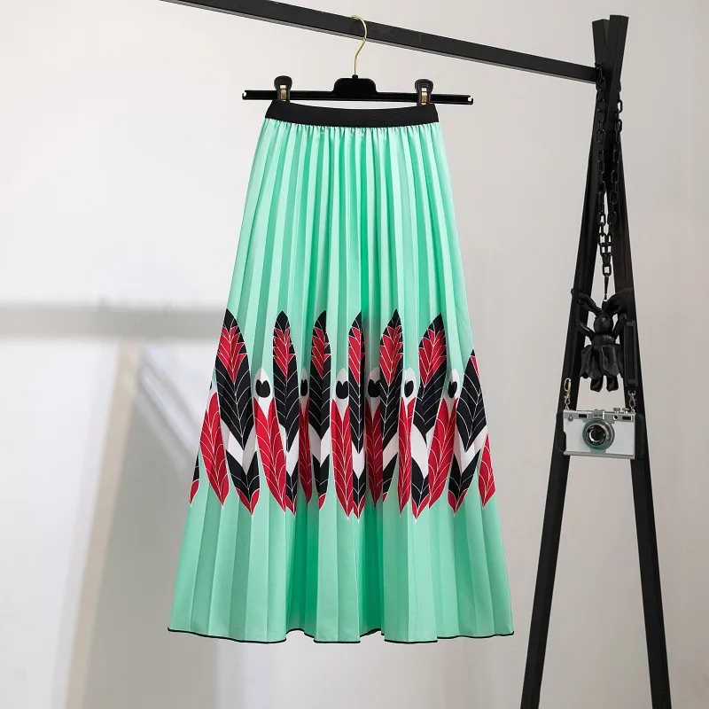 High Waist Pleated Harajuku null Skirts faldas Summer European Flower Printed Long Skirts for Women Mid-Calf Skirt Faldas Larga