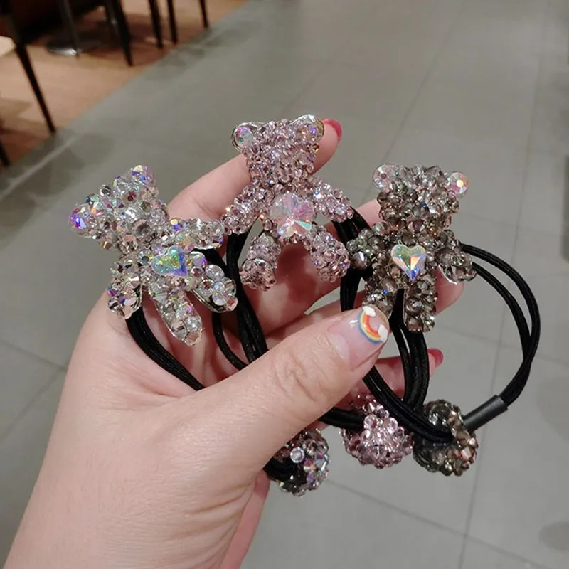 Full Rhinestone Bow Hair Accessories Elastic Hair Bands Luxury Crystal Doll Bear Heart-shape Hair Tie Rubber Band Gums Wholesale