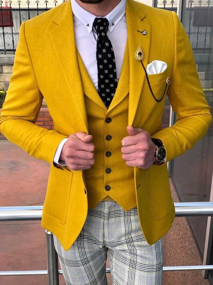 

ANNIEBRITNEY Casual Yellow Men Suits Tuxedo 3 Piece Tailored Slim Male Blazer Pants Vest Set Suit for Men Handsome Men's Clothes