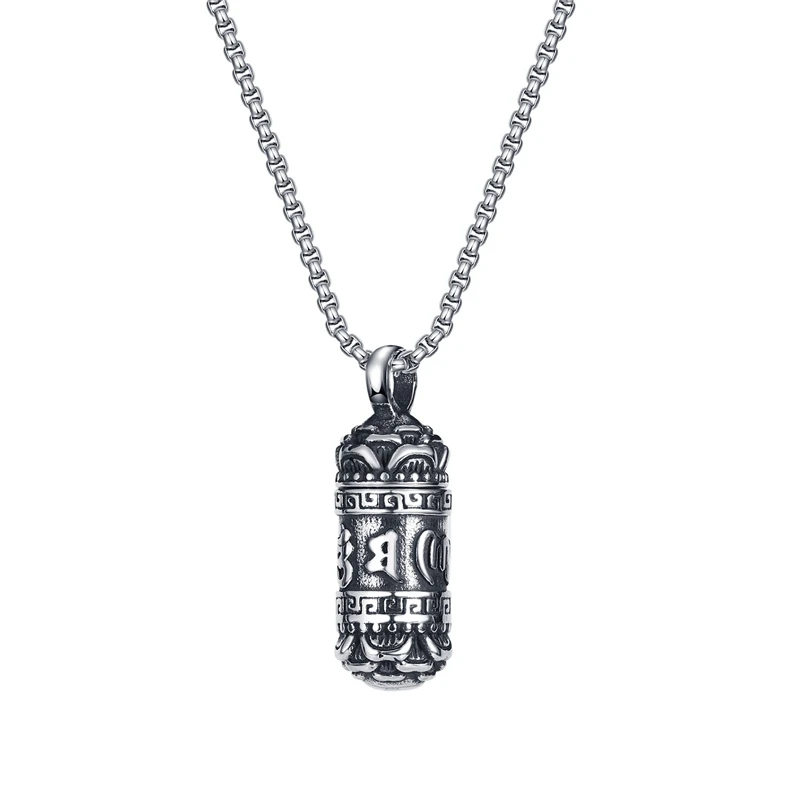 Six-Words Men\'s Necklace Cylindrical Pendant Vintage Tibetan Buddhism Necklaces Stainless Steel Lucky Amulet Male Retro jewelry