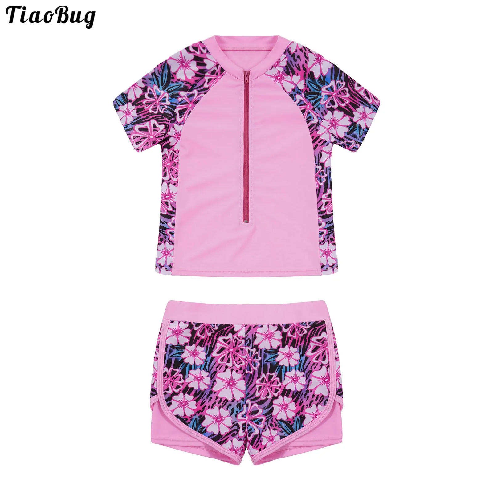 

TiaoBug Summer Pink Floral 2Pcs Kids Girls Swimming Suit Stand Collar Short Sleeves Front Zipper Closure Print Tops And Shorts