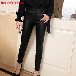 Genuine Leather Pants Women 2023 Winter Tight-Fitting Stretch 100% Sheepskin Boots Trousers Mujer Classic Black Pencil Pantalon