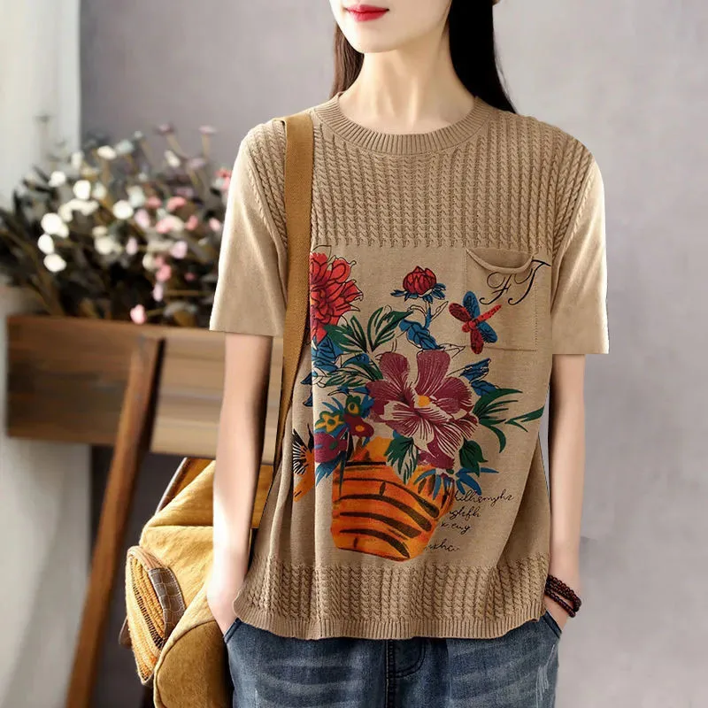 2022 Spring New Ice Silk Sweater Retro Fashion Women\'s Round Neck Sweater Long-Sleeved Loose Printed Knit Sweater Women Pullover