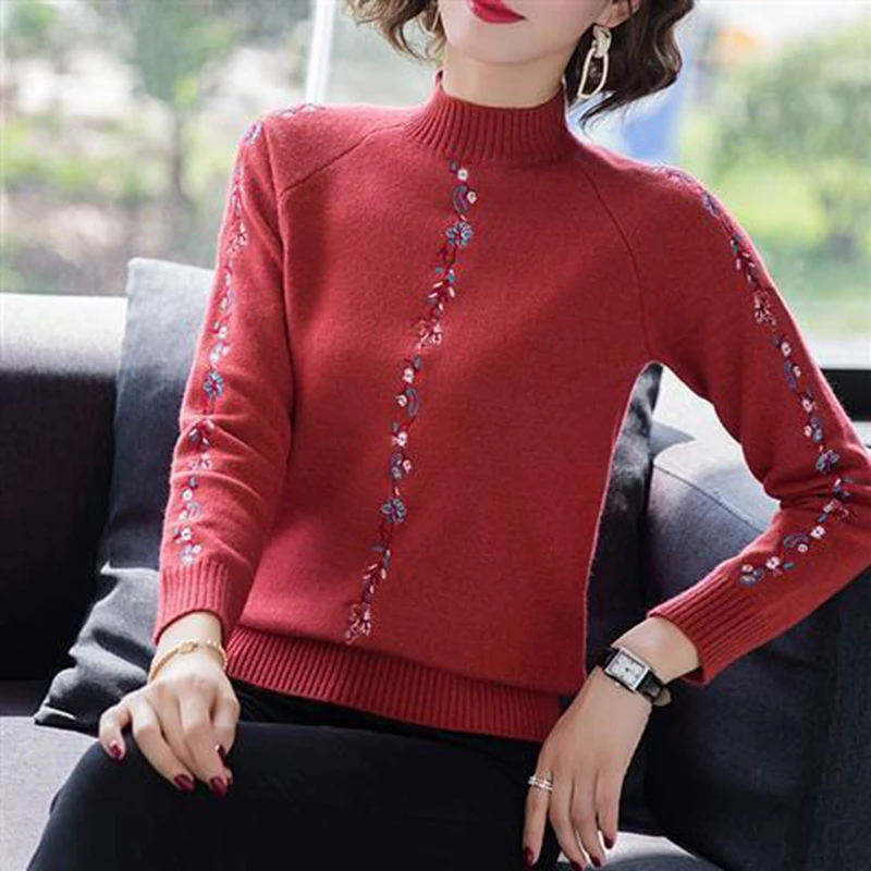 Embroidered Flowers Turtleneck Women Sweaters Fall Winter Thick Warm Pullover Slim Tops Ribbed Knitted Sweater Jumper Soft Pull