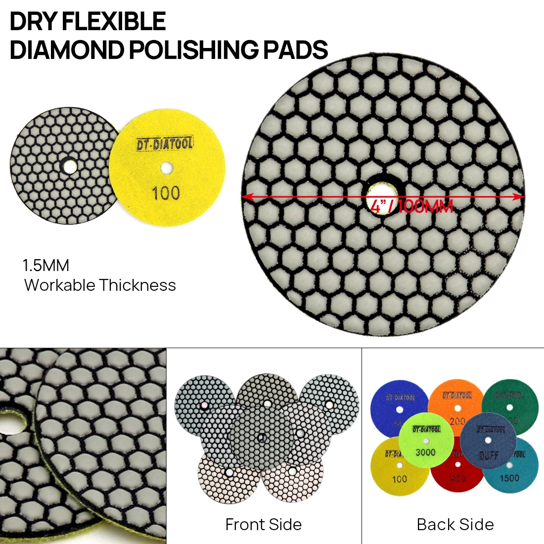 DT-DIATOOL 7pcs/set Dry Diamond Polishing Pads For Granite Marble Flexible Resin Bond Sanding Disc Dia 4\