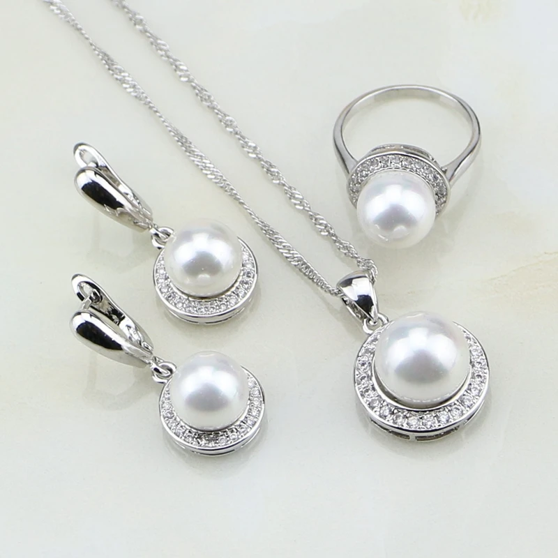 

Round 925 Silver Jewelry White Pearl Cubic Zirconia Jewelry Set Earrings/Ring/Pendant/Necklace Chain Gift For Women