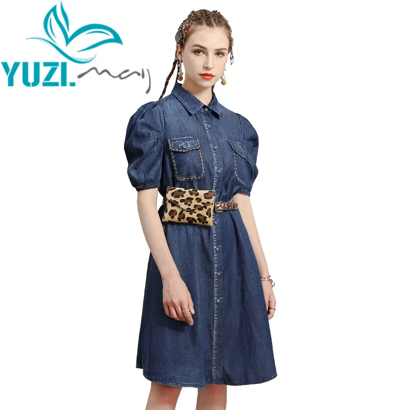 

Summer Dress 2020 Yuzi.may Boho New Denim Women Dresses Lantern Sleeve Turn-down Collar Single Breasted Vestidos A82232 Vestido