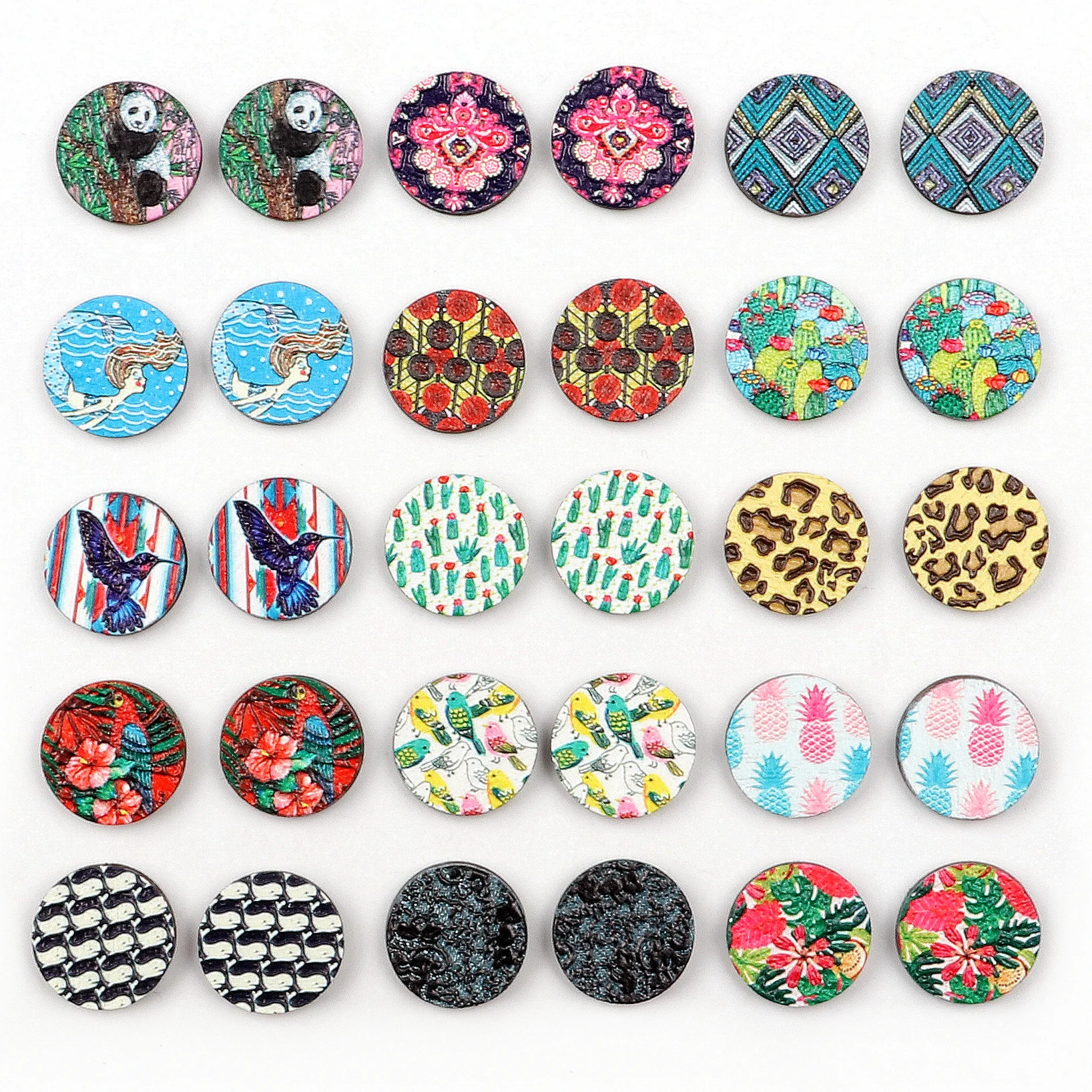 

Unique 3D Flower Embossed 16mm Round Coloured Drawing pattern Laser Cut wood Cabochon DIY for Rings, Earring,Brooch,Necklace