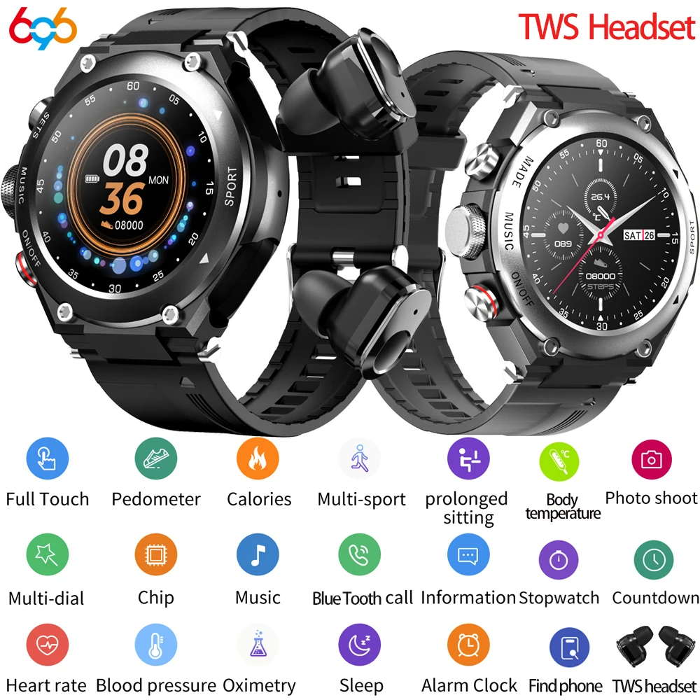 

Smart Watch Bracelet 2 in 1 TWS Wireless Headsets Heartrate Blood Pressure Fitness BT Call Smartwatch Man Woman For Android IOS