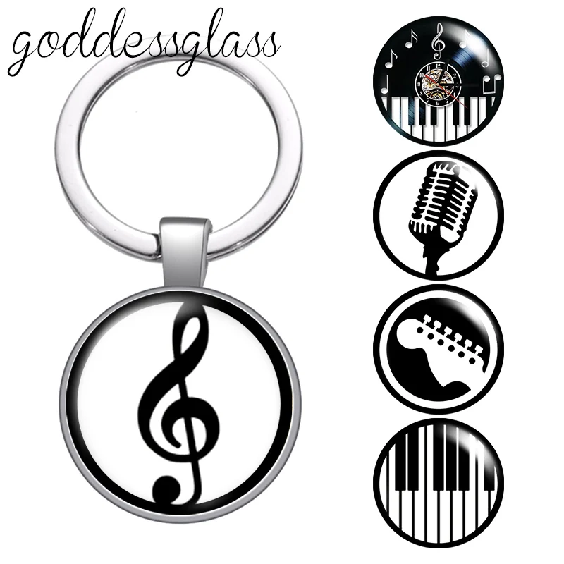 Musical notes Musical instruments Piano disc glass cabochon keychain Bag Car key chain Ring Holder Charms keychains for Gifts