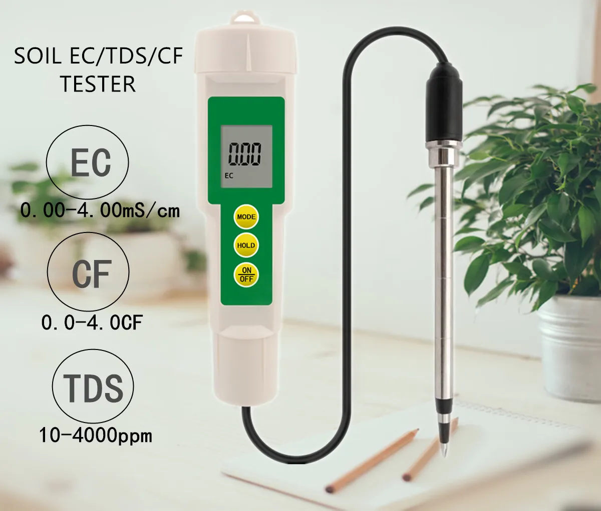 

EC-3185 Soil Meter 3 in 1 EC/TDS/CF Waterproof Soil Tester for Greenhouse Cultivation, Horticulture Cultivation, Laboratory