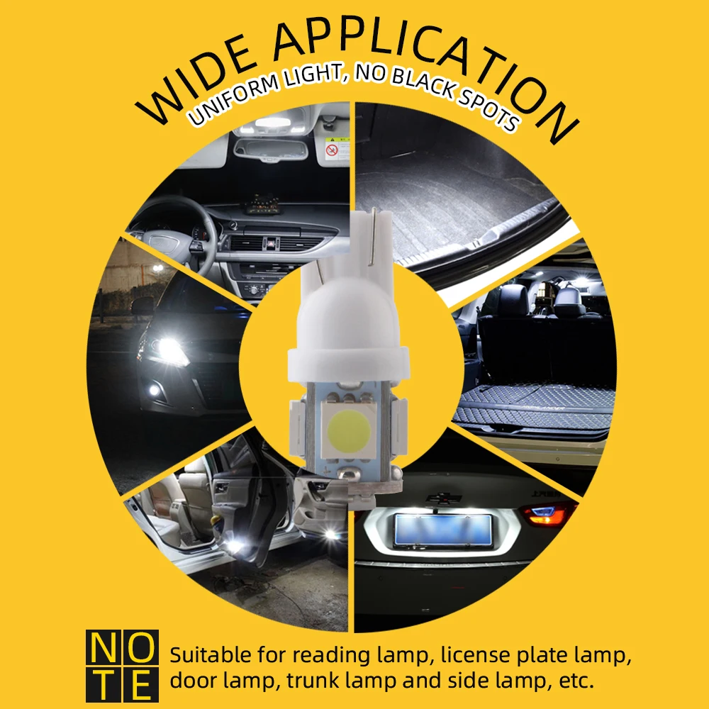 10 buah T10 5W5 W5W bohlam LED 5050 5SMD 12V 7000K putih mesin Pinball Wedge mobil lampu sinyal samping lampu peta pintu kubah Interior