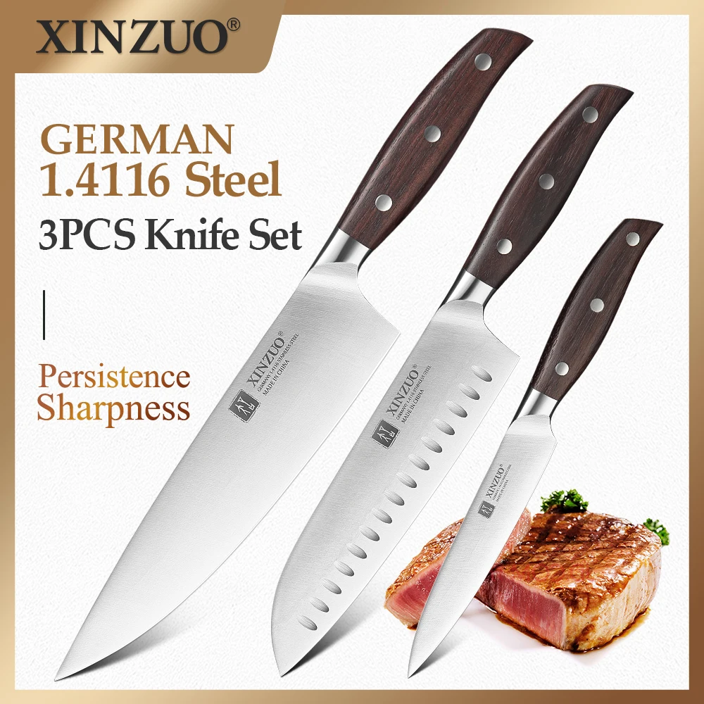 XINZUO 3 sztuk zestaw noży kuchennych Santoku Utility Chef nóż niemcy 1.4116 ze stali nierdzewnej czerwone drzewo sandałowe akcesoria do gotowania