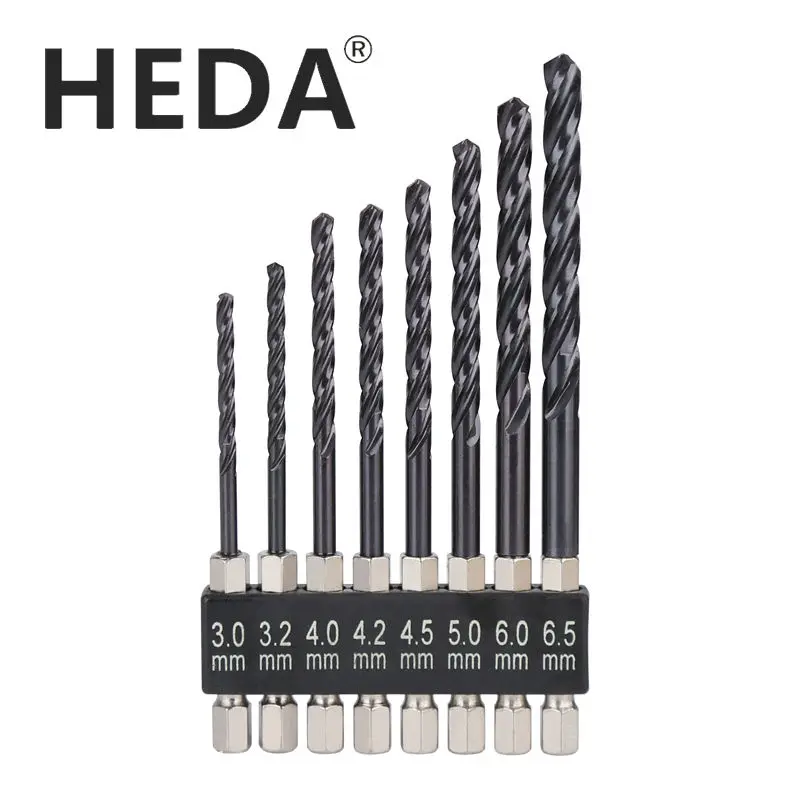 HEDA – lot de 8 forets à tige hexagonale pour acier inoxydable et fer fin, 3 cannelures en spirale de TiAIN en Cobalt M35 de 3 à 6.5mm