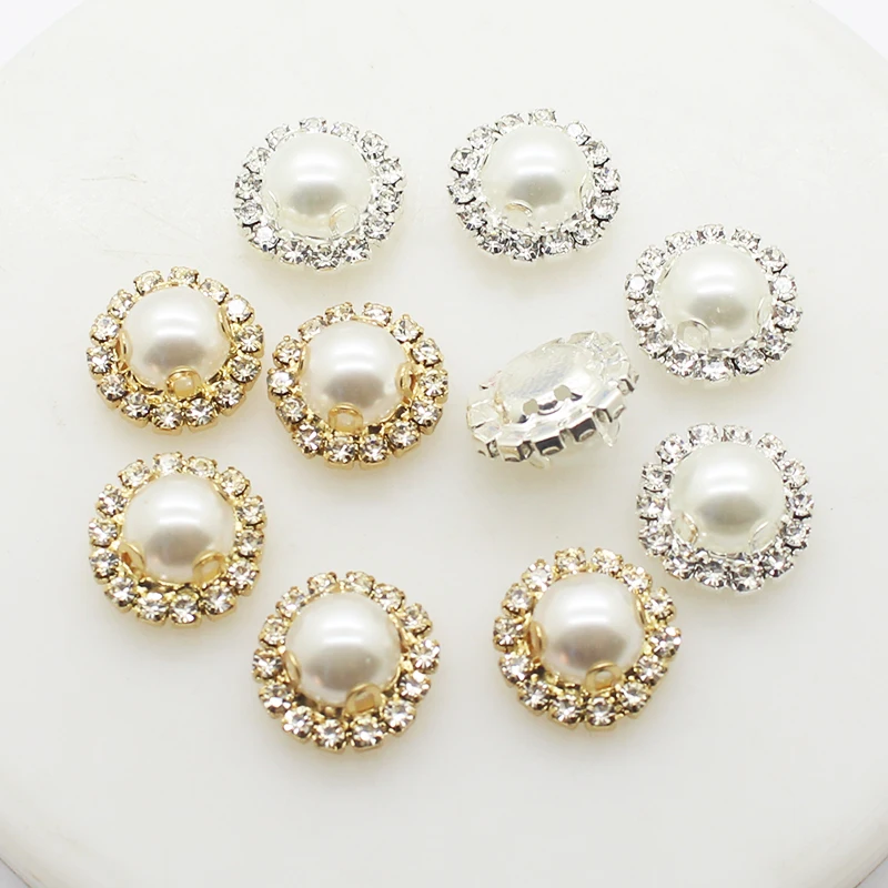 New Fashion 15mm Pearl Rhinestones Button DIY Handwork  Accessories Sewing Clothing Shiny Decoration 10Pcs Gold or Silver