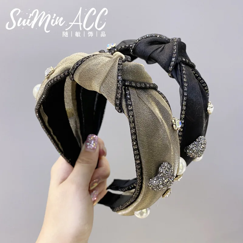 2023 Lucky Clover Rhinestone Knotted Headbands Hair Band Retro High-end Shiny Crystal Knotted Hair Accessories Turban Hair Hoops