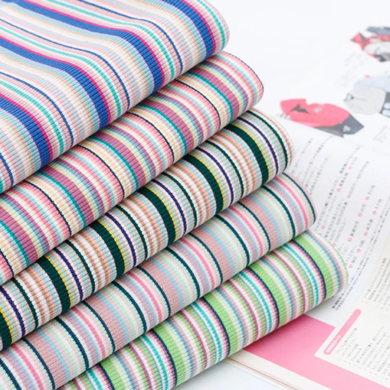 Width 55'' Simple Rainbow Stripe Cotton Elastic Knitted Fabric By The Half Yard For T-Shirt Short Sleeve Vest Dress Material