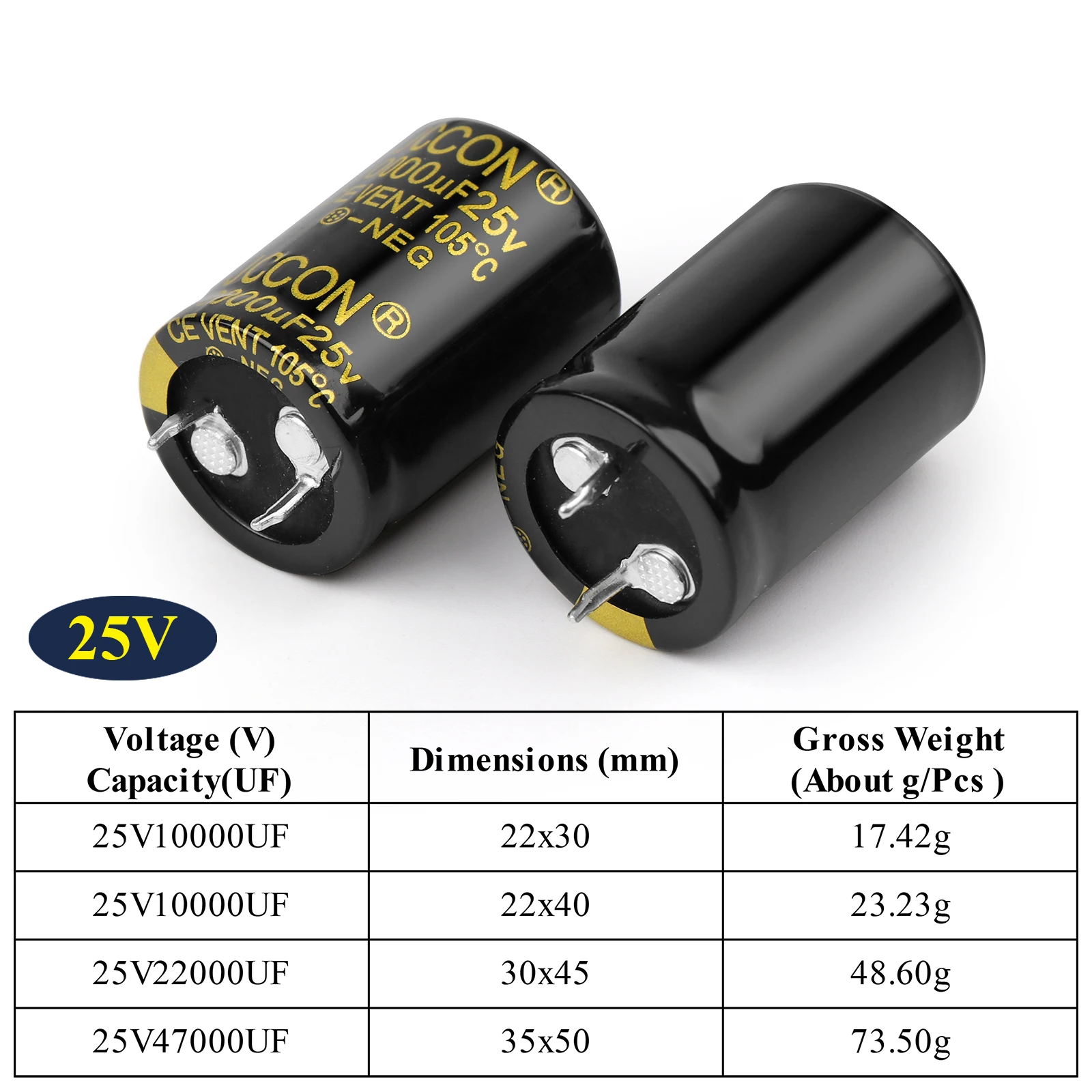 2Pcs JCCON Audio Electrolytic Capacitor 25V 10000UF 22000UF 47000UF For Audio Hifi Amplifier High Frequency Low ESR Speaker