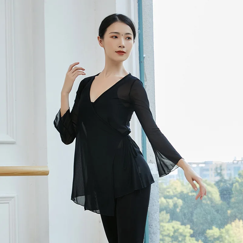 Sexy Transparent Classical Dance Shirt Long Sleeve Flowy Body Rhyme Gauze Top Women Folk Dance Practice Wear Light Weight