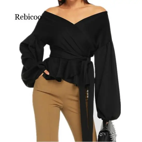 White Office Lady Elegant Lantern Sleeve Belted Peplum Shirts Plus Size Off Shoulder Solid Blouse Sexy Women Tops Chemise