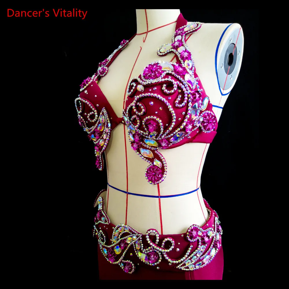 NEW Belly Dance Cothes! Women Performance Show Set Belly Dance Luxury Bra+ Split Skirt+belt 3pcs Handmade Belly Dance Set