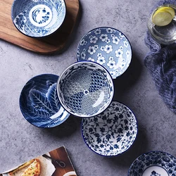 WHYOU-Japanese Ceramic Salad Rice Bowls, Japanese Classical Blue and White Kitchen Tableware, Household Restaurant Soup Noodle