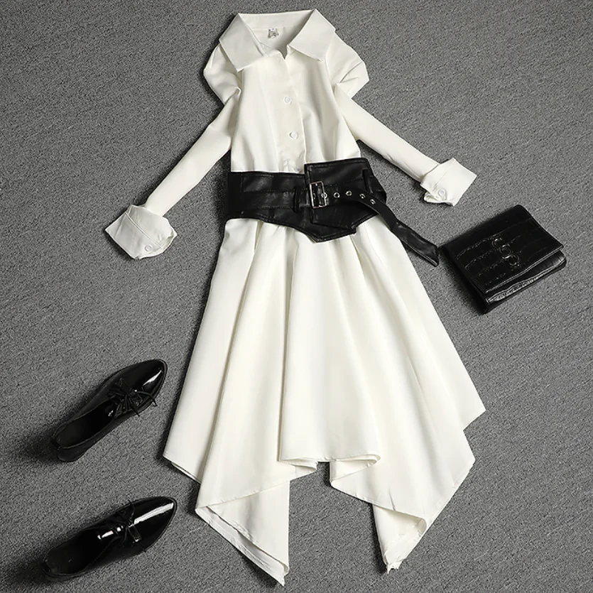 Spring Autumn Shirt Dress For Women With Black Bandage Vest Two Piece Slim Asymmetrical Dress